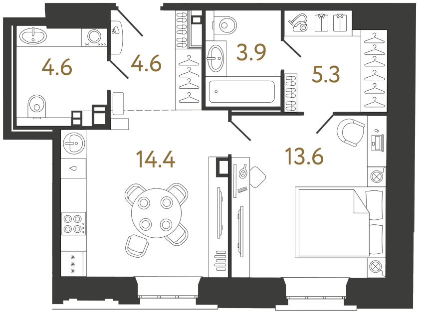 Однокомнатные апартаменты №35 в ЖК Светоч - 46.4 м²