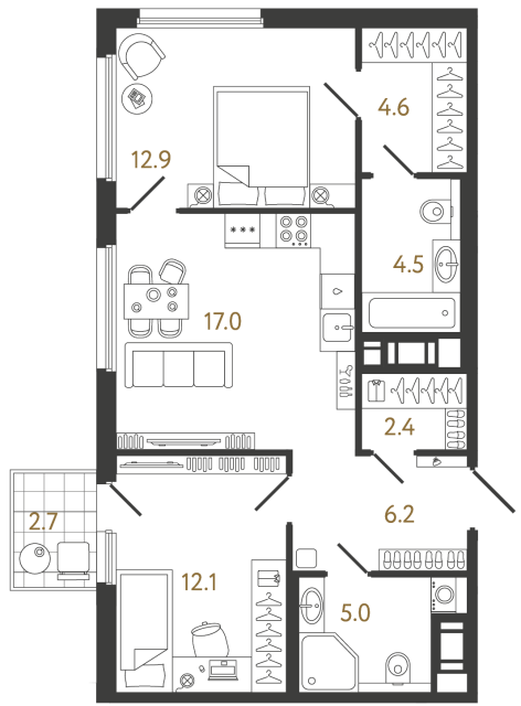 Двухкомнатная квартира №909 в ЖК Гений - 64.7 м²