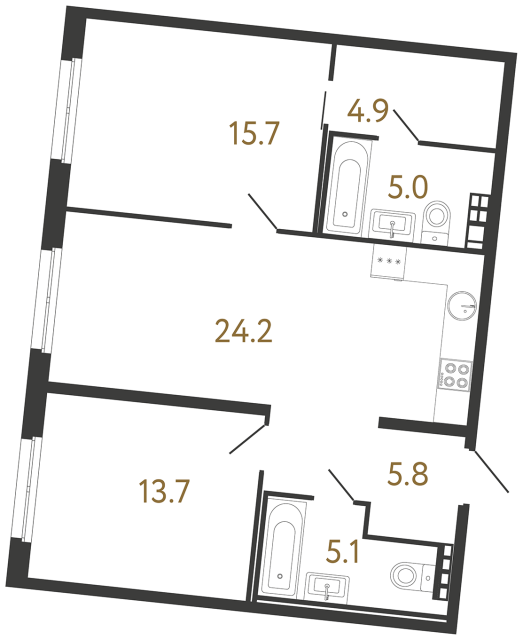 Двухкомнатная квартира №178 в ЖК Визионер - 74.4 м²  - №2