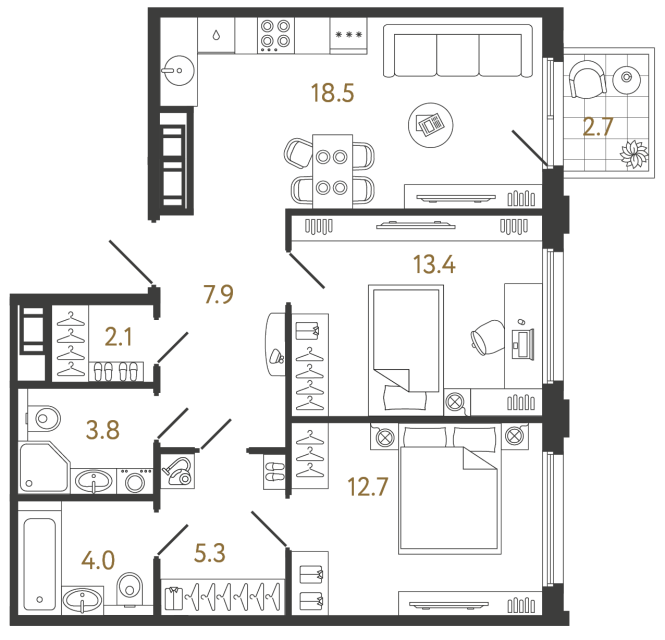 Двухкомнатная квартира №484 в ЖК Гений - 67.7 м²