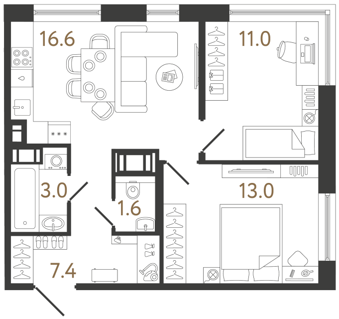 Двухкомнатная квартира №359 в ЖК Передвижники 2 - 52.6 м²