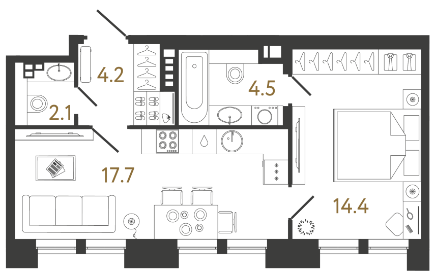 Однокомнатная квартира №9 в ЖК Коллекционер - 42.9 м²