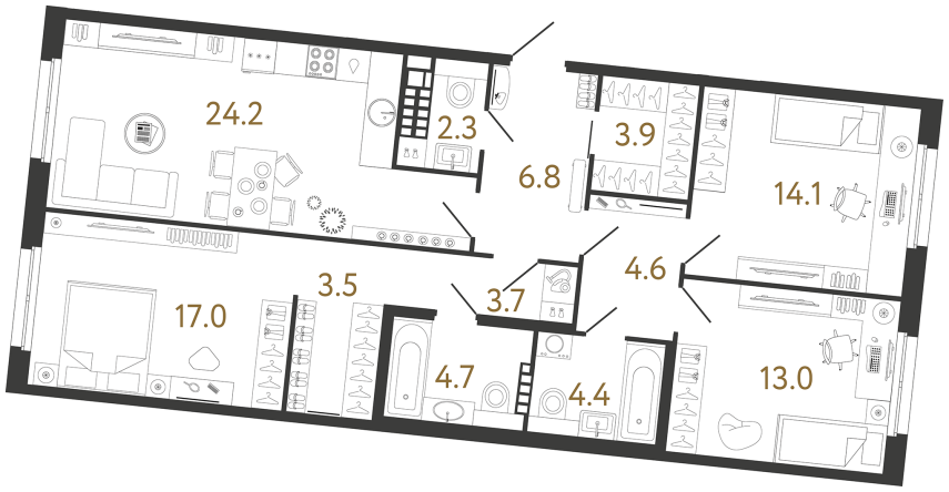Трёхкомнатная квартира №157 в ЖК Визионер - 102.2 м²