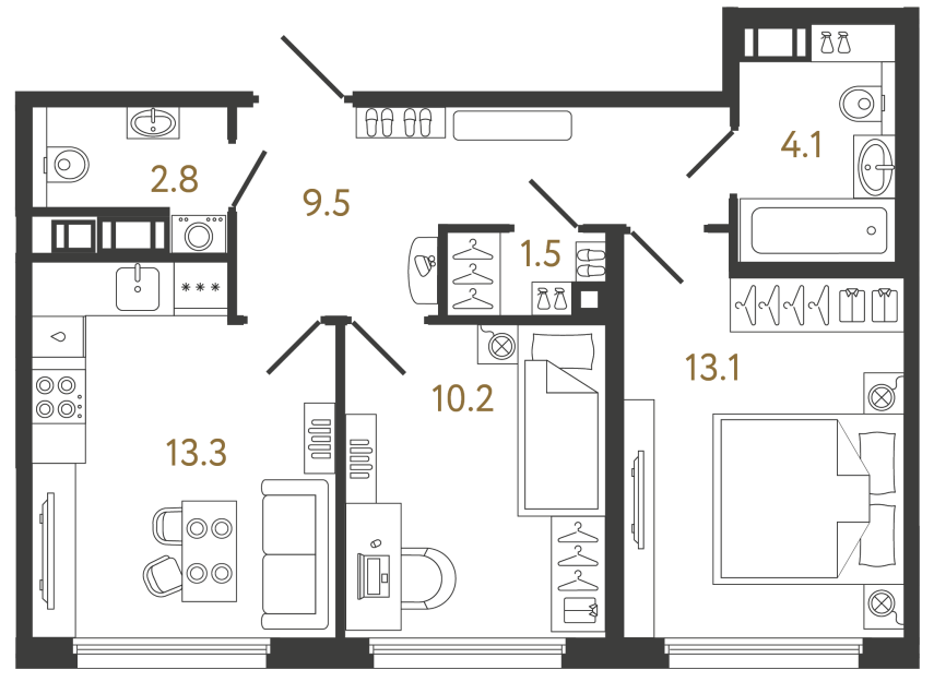 Двухкомнатная квартира №513 в ЖК Гений - 54.5 м²