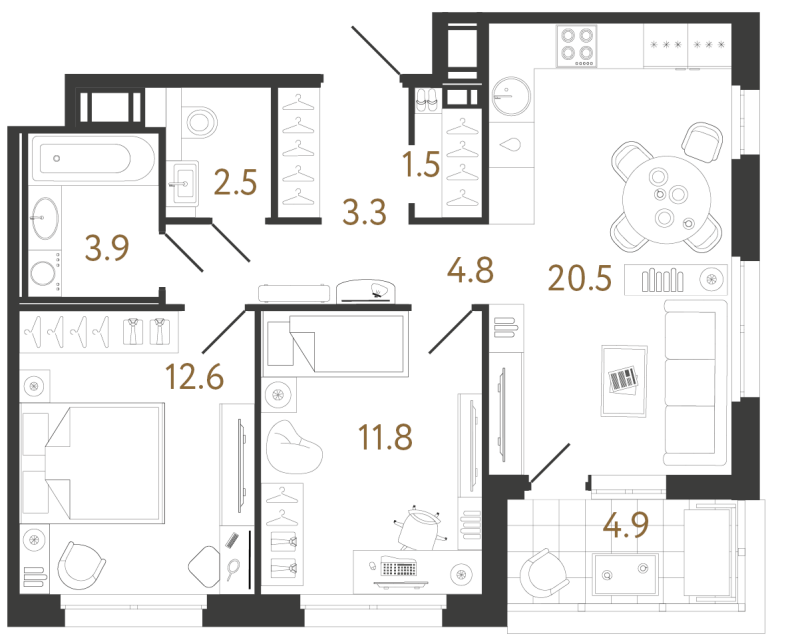 Двухкомнатная квартира №20 в ЖК Литера - 60.9 м²