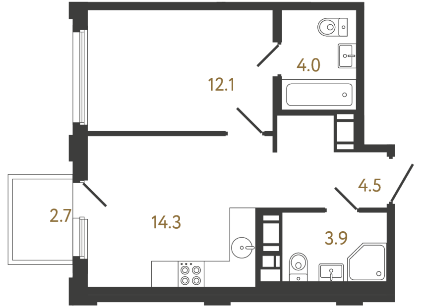 Однокомнатная квартира №899 в ЖК Гений - 38.8 м²  - №2