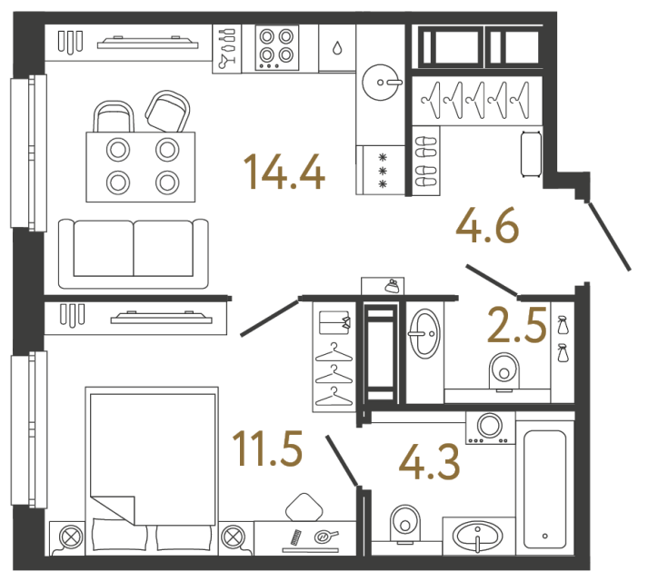 Однокомнатная квартира №95 в ЖК Передвижники - 37.3 м²