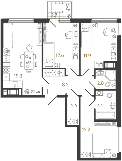 Трёхкомнатная квартира №1177 в ЖК Гений - 73.6 м²