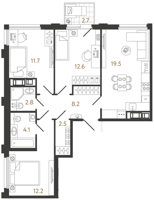 Трёхкомнатная квартира №521 в ЖК Гений - 73.6 м²