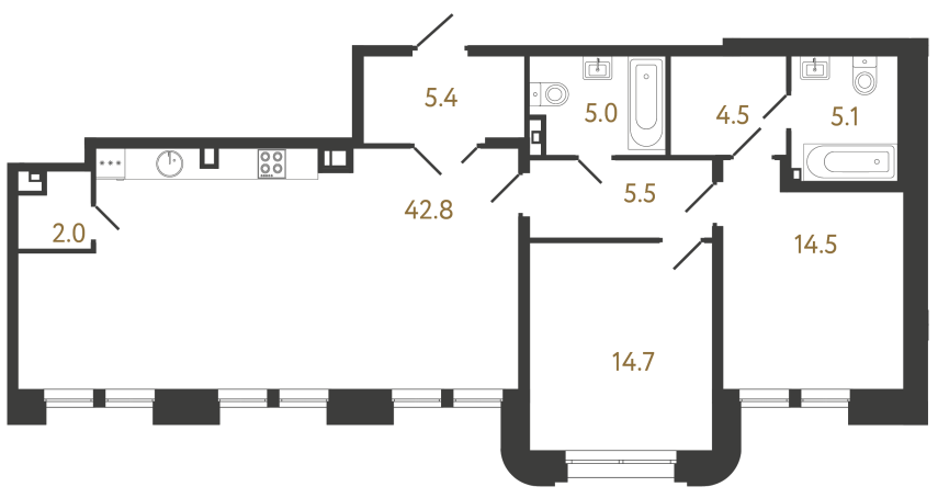 Двухкомнатная квартира №1 в ЖК Коллекционер - 99.5 м²  - №2