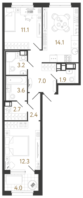 Двухкомнатная квартира №972 в ЖК Струны 2 оч. - 58.3 м²