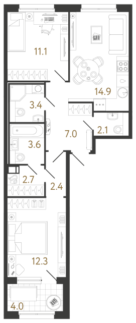 Двухкомнатная квартира №932 в ЖК Струны 2 оч. - 59.5 м²