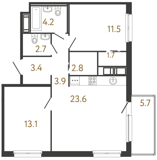 Двухкомнатная квартира №55 в ЖК Передвижники - 66.9 м²  - №2