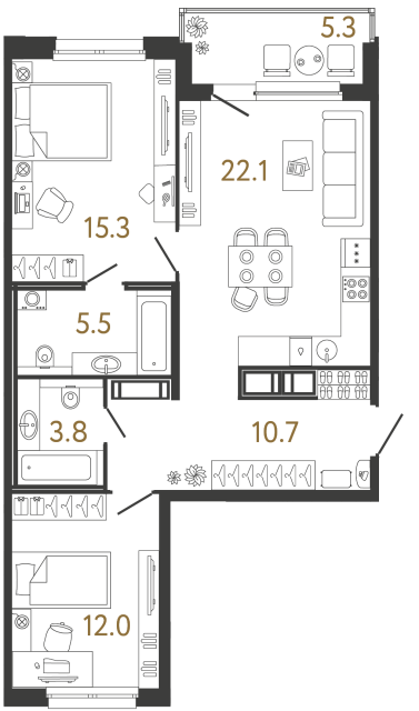 Двухкомнатная квартира №199 в ЖК Передвижники - 69.4 м²