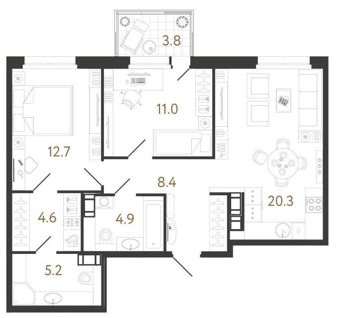 Двухкомнатная квартира №294 в ЖК Куинджи - 67.1 м²