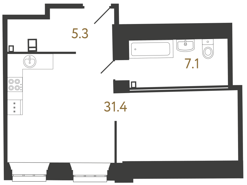 Апартаменты-студия №68 в ЖК Светоч - 43.8 м²  - №2