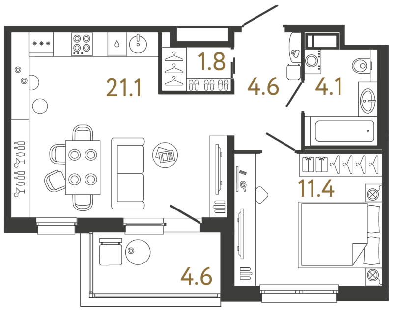 Однокомнатная квартира №189 в ЖК Передвижники - 43 м²