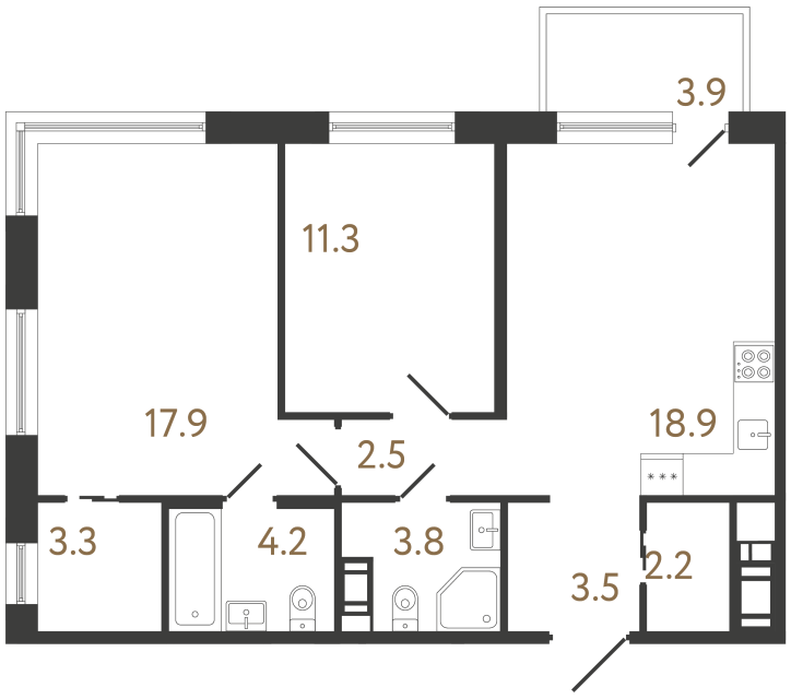 Двухкомнатная квартира №109 в ЖК Передвижники 2 - 67.6 м²  - №2