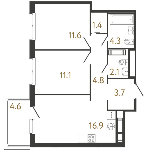 Двухкомнатная квартира №307 в ЖК Передвижники - 55.9 м²  - №2