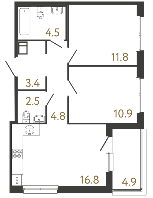 Двухкомнатная квартира №353 в ЖК Передвижники - 54.7 м²  - №2
