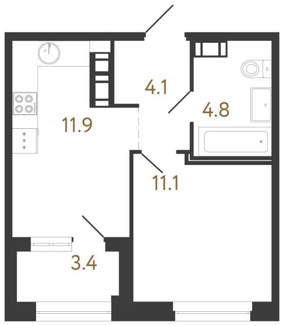 Однокомнатная квартира №331 в ЖК Куинджи - 31.9 м²  - №2
