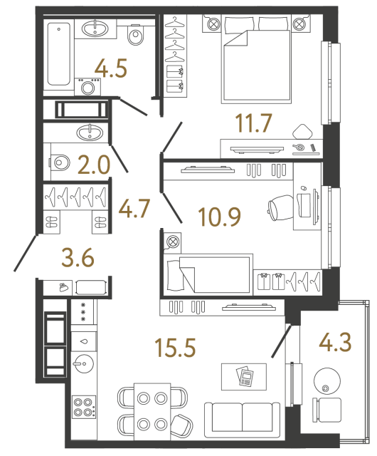 Двухкомнатная квартира №337 в ЖК Передвижники - 52.9 м²
