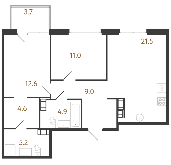 Двухкомнатная квартира №463 в ЖК Куинджи - 68.8 м²  - №2