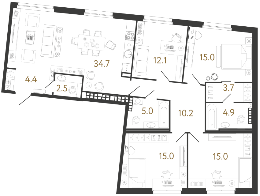 Четырехкомнатная квартира №162 в ЖК Визионер - 122.5 м²