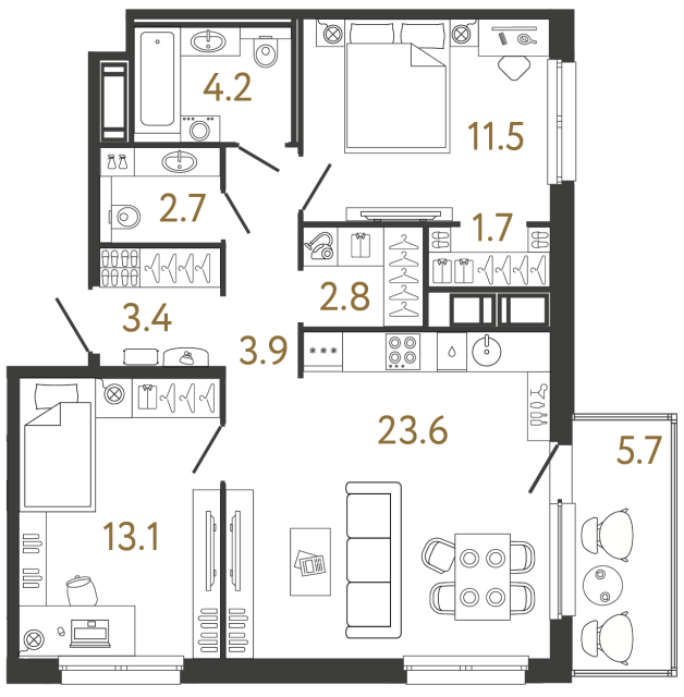 Двухкомнатная квартира №28 в ЖК Передвижники - 66.9 м²