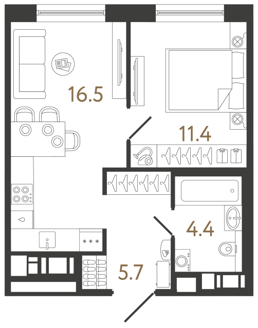 Однокомнатная квартира №34 в ЖК Передвижники 2 - 38 м²