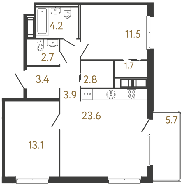 Двухкомнатная квартира №28 в ЖК Передвижники - 66.9 м²  - №2