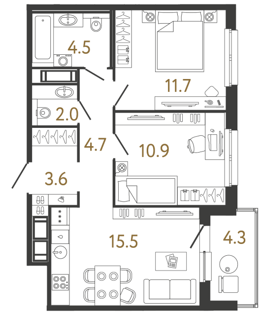 Двухкомнатная квартира №337 в ЖК Передвижники - 52.9 м²