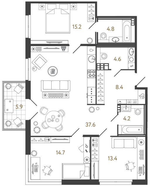 Трёхкомнатный номер №20 в комплексе «Репин» - 102.9 м²