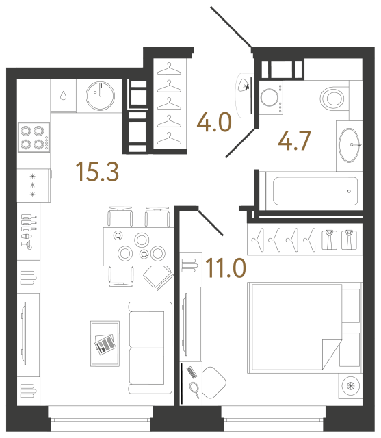 Однокомнатная квартира №330 в ЖК Куинджи - 35 м²