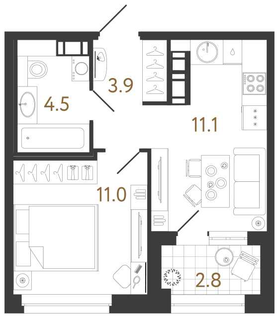 Однокомнатная квартира №324 в ЖК Куинджи - 30.5 м²