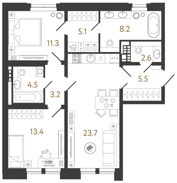 Двухкомнатная квартира №11 в ЖК Коллекционер - 77.5 м²