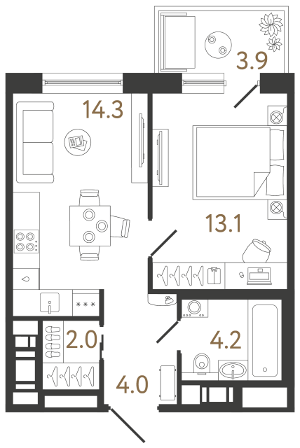 Однокомнатная квартира №97 в ЖК Передвижники 2 - 37.6 м²