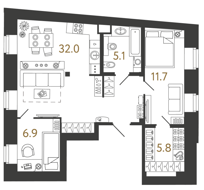 Двухкомнатный номер №101 в ЖК Типография - 61.5 м²