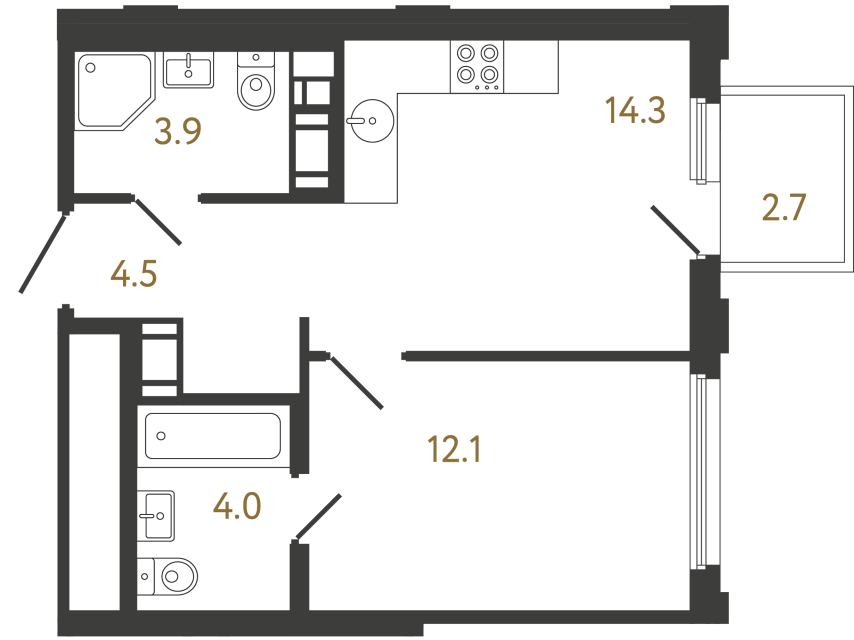 Однокомнатная квартира №361 в ЖК Гений - 38.8 м²  - №2