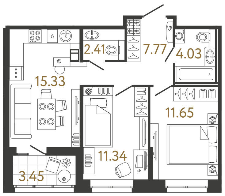 Двухкомнатная квартира №904 в ЖК Ultra City 3 - 52.53 м²