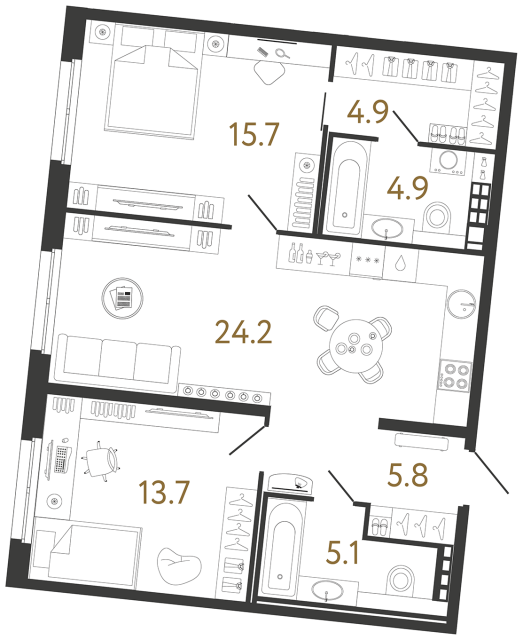 Двухкомнатная квартира №184 в ЖК Визионер - 74.3 м²