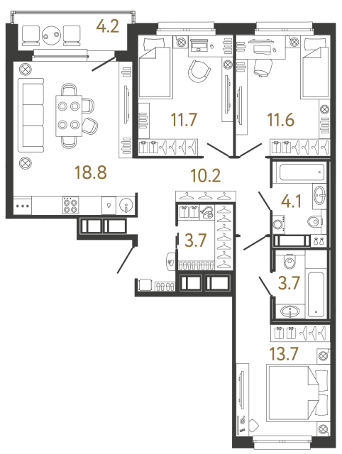 Трёхкомнатная квартира №183 в ЖК Передвижники - 77.5 м²