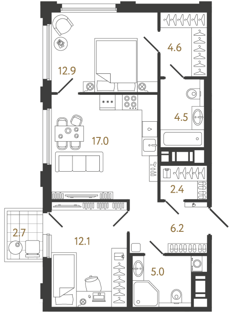 Двухкомнатная квартира №893 в ЖК Гений - 64.7 м²