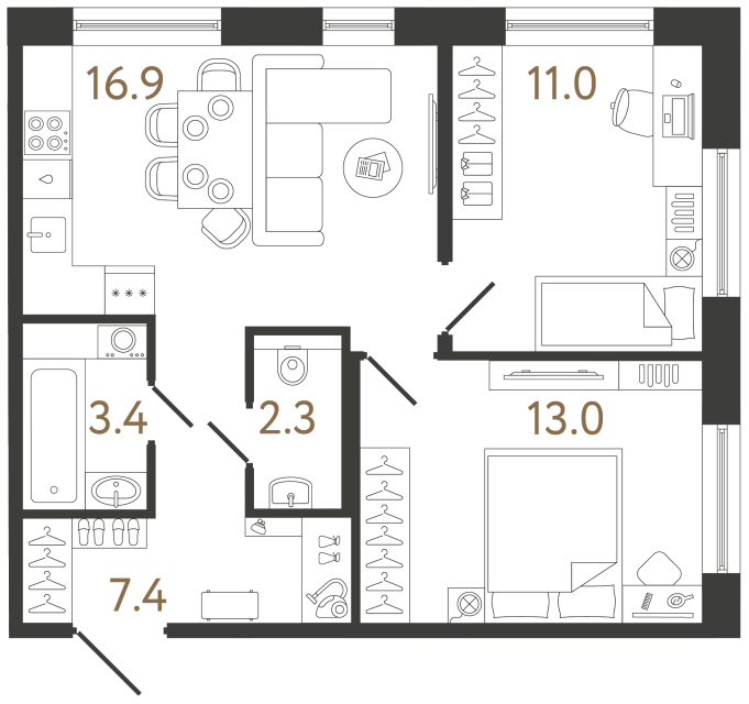 Двухкомнатная квартира №293 в ЖК Передвижники 2 - 54 м²