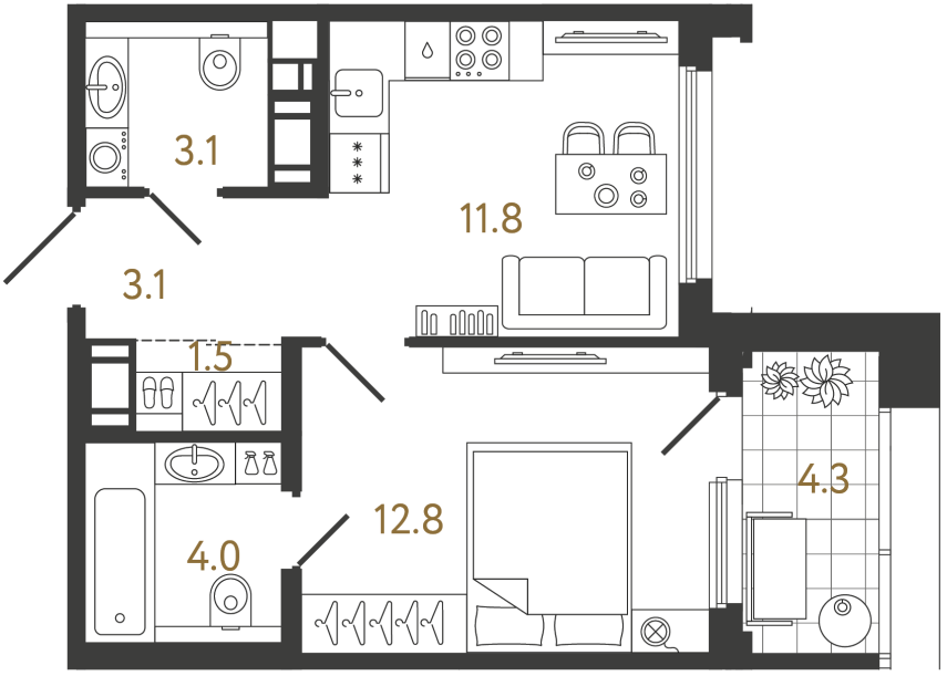 Однокомнатная квартира №897 в ЖК Гений - 36.3 м²