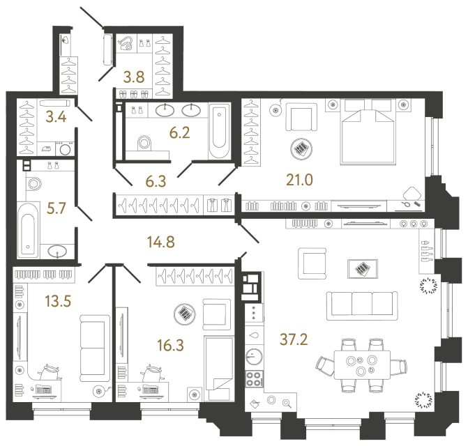 Трёхкомнатная квартира №20 в ЖК Коллекционер - 128.2 м²