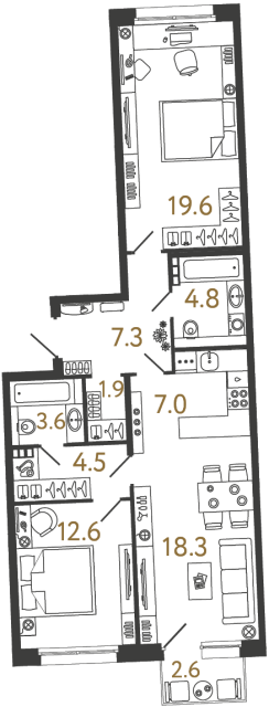 Двухкомнатная квартира №15 в ЖК Цвет Зеленогорска - 79.6 м²