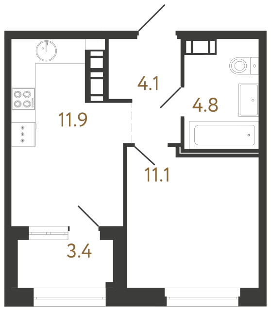 Однокомнатная квартира №283 в ЖК Куинджи - 31.9 м²  - №2