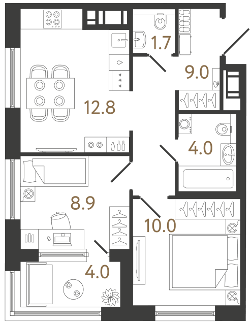 Двухкомнатная квартира №69 в ЖК Передвижники 2 - 46.4 м²