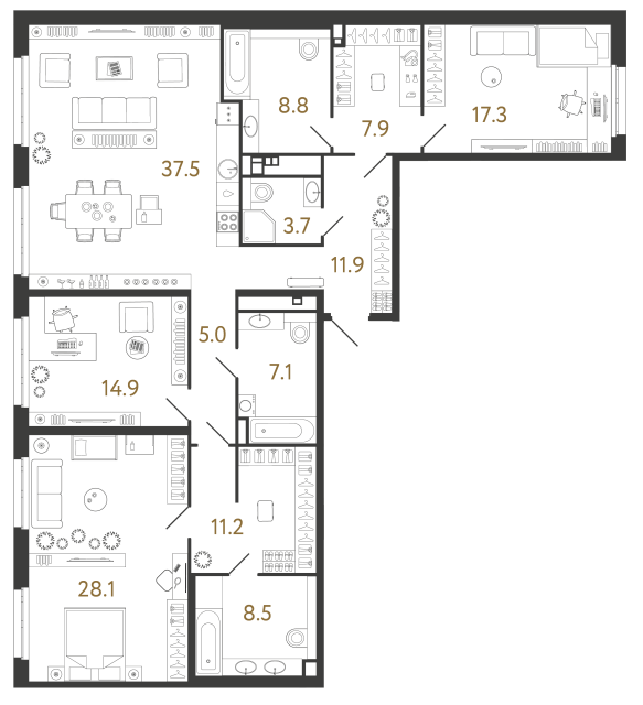 Трёхкомнатная квартира №5 в ЖК Визионер - 161.9 м²